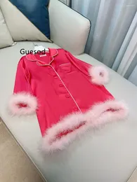 Women's Sleepwear Women Satin Dress Home Clothes French Luxury Top Quality Noble Acetate Feather Loose Notched Collar Rose Red