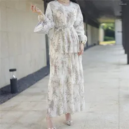 Ethnic Clothing Summer Floral Print Pleated Layer Frill Long Dress Chiffon Muslim Women Abaya Hijabi Modest Robe Ramadan Eid Islam Kaftan