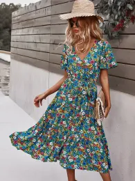 Vestidos msfilia primavera de manga curta vestido floral mulheres altas cintura sexy v estampa de pescoço de verão vestido longo