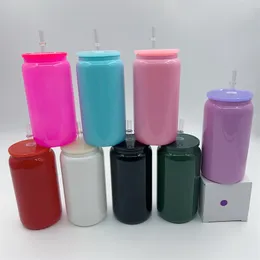 16oz Sublimation Blanks Glass Cups Solid Glossy Colored Tumbler Juice Jar Can Iecd Beverage Beer Can Glass Drinking Cup Coffee Mugs With Plastic Lids & Straws