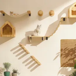 Scratchers Cat Climbing Tree Wall Mounted Träkatthyllor Hoppande möbler Katt Krapning Post Hammock Trappor Spela klättringsram