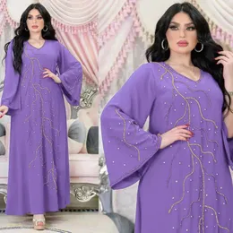 Etnik Giyim Mor Abaya Elmaslar Baskı Müslüman Kadınlar Uzun Çöp Eid Ramazan Gevşek Kaftan İslam Arap Moda V-Neck Jalabiya