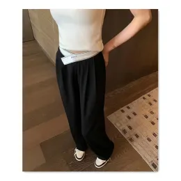 Summer Women Designer Pants elastyczne pieczęć talii czarne szerokie nogi spodnie kobiety wysoko taliny nieregularne spodni swobodne wszechstronne szczupłe lato