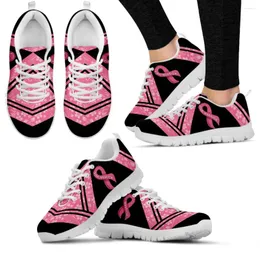 Casual Shoes INSTANTARTS Breast Cancer Awareness Design Sneakers Pink Ribbon Print Lightweight Flats Stylish On White Lace Up