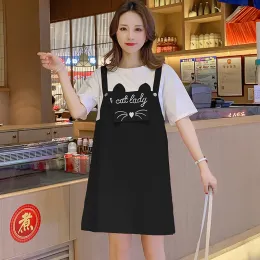 Dresses Summer Pregnant Women Lactation Dress Suits Short Sleeve Cotton Nursing Tees Strap Dress Twinset Maternity Feeding Clothes Set