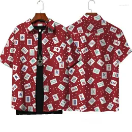 Erkekler sıradan gömlekler hip hop mahjong grafik bluzlar kırmızı mah-jongg 3d baskı erkekler için kıyafetler kısa kollu sokak kıyafeti erkek çocuk yaka üstü