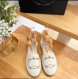 최고 품질의 린넨 자수 Espadrilles Sandals 플랫 힐 여름 짚 밑창 여성 고급 디자이너 드레스 신발 공장 신발 크기 35-41