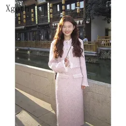 Xgoth doce conjunto de saia rosa renda retalhos tweed jaquetas soltas jovem senhora luxo em linha reta saias longas estilo coreano conjuntos de duas peças 240220