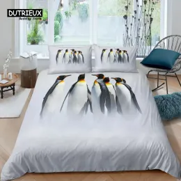 Set Home Living Luxury 3D Penguin Print Bedding Set South Pole Duvet Cover Pillowcase Queen and King EU/US/AU Size Polyester Bedding Sheer Curtains