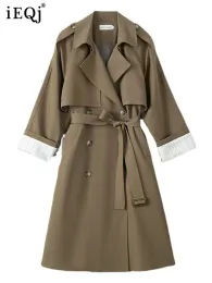Trench IEQJ Trench Coat per donna manica lunga doppio petto con lacci vita giacca a vento di media lunghezza 2023 primavera inverno vestire nuovo 3W6275