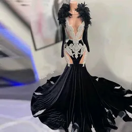 Black Velvet Prom Dresses For African Feathers Women 2024 Crystal Beading Mermaid Party Gowns Long Sleeve Vestidos De Graduacion