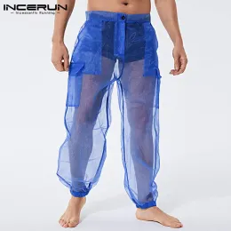 Calças masculinas calças de malha botão cor sólida 2023 sexy ver através calças casuais férias respirável bolsos pantalones hombre incerun