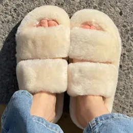 peep toe women fur slippers runway designer thick sole ladies outside walking height increasing lovely flat with two belts comfortable slippers female