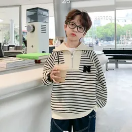 Junior Teens Boys School Spring Striped Scool Letter Korean Style Sticked Sweatshirts 3-14 Years Kids White Black Tops Pullover 240301