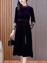 Casual Dresses Autumn Winter Purple Velvet Chic Tassel Bandage Long Dress Luxury Elegant Party For Women 2024 Korean Vintage Bodycon Robe