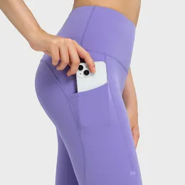 LU-034 T-Linea Yoga Pant Mulheres Bolsos Laterais Calças Esportivas Cintura Alta Hip Lift Fada Leggings Ginásio Workout Wear
