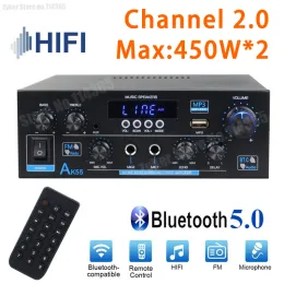 Amplifikatör AK55 HIFI Ses Amplifikatörü MAX 900W Dijital Bluetooth Ses Amplifikatörleri Kanal 2.0 Destek Çift Mikrofon Fiber Koaksiyel Girişler FM Radyo