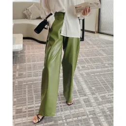 Pants 2022 Green Faux Pu Leather Woman Y2k Clothes Wide Leg Pants Oem Trousers Casual Cargo Korean Fashion Vintage Streetwear Capri