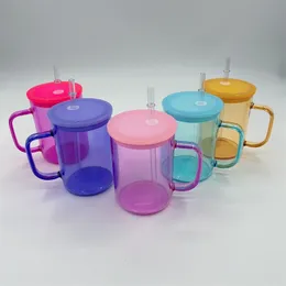 Colored Transparent 17oz Sublimation Blanks Glass Cups With Handle Camper Tumbler Juice Jar Iced Beverage Beer Can Glasses Coffee Mugs With Plastic Lids & Straws