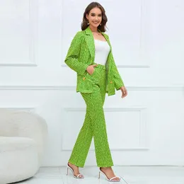 Damen Zweiteilige Hosen Frühling Herbst Frauen Zweiteiliges Set Blazer Anzug Thousand Bird Checker Zweireihiger Blazer Mantel Gerades Bein Arbeit