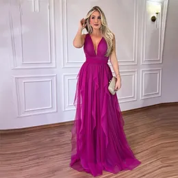 Elegant Fushia Prom Dress Chiffon Deep V-Neck Ruffles Floor Length Evening Formal Birthday Party Gowns Robe De Soiree Vestidos De Feast