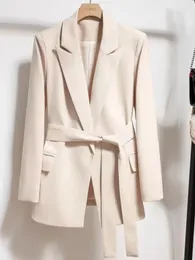 Womens Blazers Spring Autumn Suit Coat Beige Tie Up Jacket Slim Fit Stylish Top Outerwear Office Lady Blazer For Women Clothing240226