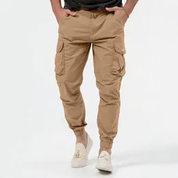 Calças masculinas masculinas todas combinando ferramentas multi botão de bolso calças de cor sólida carga homens trabalhando nove pontos