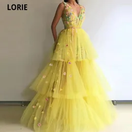 Party Dresses LORIE 3D Flowers Yellow Prom Long Double V Neck Sleeveless Tiered Formal Evening Gown A-line Beach Princess Dress