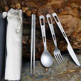 Sets Portable Tableware Set Pure Titanium Dinnerware Frosted Knife Fork Spoon Chopsticks Cutlery Travel Outdoor Household Flatware