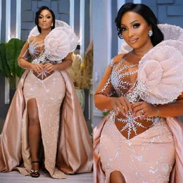 African Nigeria Plus Size Prom Dresses for Black Women Illusion Elegant Dresses for Special Occasions Long Sleeves Sheer Neck High Split Beaded Formal Gown AM437