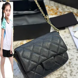 Kids Bags 22A Classic Mini Sqaure Coin Quilted Bags Caviar Leather Black Calfskin Genuine Leather Diamond Lattice Handbags Gold Metal Chain Outdoor Sacoche Purse 20