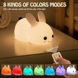 Kawaii Bunny Night Lights for Kids 7Color Silicone Light for Baby Stirkery USB Respible Rabbit Night Bedide Lamping لغرفة النوم 240227