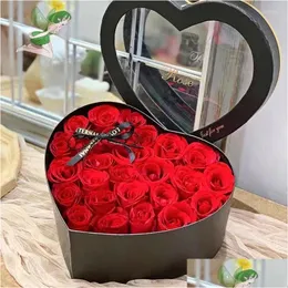 Decorative Flowers & Wreaths Decorative Flowers 24/18Pc Heart Shape Rose Gift Box Artificial Eternal Bouquet Red Valentine Day Christm Dhfke