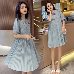 Dresses 8960# Maternity Clothes Summer Cotton Short Sleeve Loose Stylish Bow Collar Dress for Pregnant Women Pregnancy Clothes