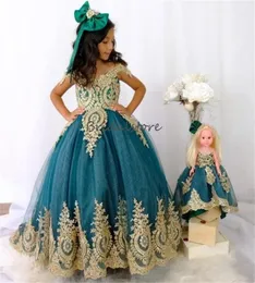 Viktorianisches blaugrünes grünes Blumenmädchenkleid 2024 Goldapplikationen Spitze A-Linie Prinzessin Mädchen Festzugskleid für Eid Elegante Geburtstagsformelle Partykleider Erstkommunionen