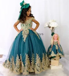 Victorian Teal Verde Flor Meninas Vestidos 2024 Apliques de Ouro Lace Uma Linha Princesa Meninas Pageant Vestido Para Eid Elegante Aniversário Formal Vestidos de Festa Primeiras Comunhões