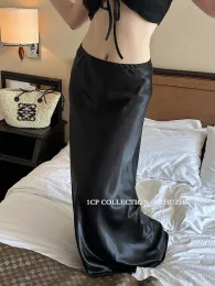 Skirt Summer Satin Skirt Women Elastic Waist Long Maxi Black White Korean Fashion Japanese Y2k Solid Color Skirts Falda Larga Mujer