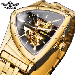 Klockor Vinnare Golden Stainless Steel Watch Steampunk Swiss Design Mens Triangle Skeleton Transparent Automatiska mekaniska manliga klockor