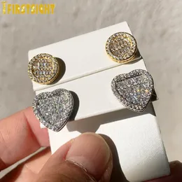 Iced Out Bling Micro Pave CZ 5A Cubic Zircoina Round Heart Shaped Screw Back Earring For Women Men Hip Hop Jewelry 240226