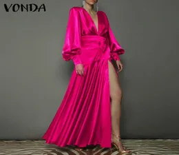 Casual Dresses Women Belted Dress VONDA Autumn Long Sleeve High Slit Evening Party Pleated Maxi Sexy Deep V Neck Kleid Robe Vestid5146942