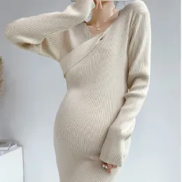 Dresses 2232# Autumn Winter Soft Knitted Maternity Dress Elegant Across V Neck A Line Slim Clothes for Pregnant Women Pregnancy Sweaters