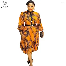 Work Dresses VAZN 2024 Long Sleeve Round Neck Top Elastic Mid Skirt Printed Two Piece Set Africa Style Casual Street Women Suit