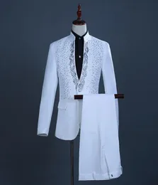 Men039s Suits Blazers White Stand Collar Diamond Jacket Pants Set Men Party Wedding Prom 2 Piece Suit Singer DJ Club DR2245896