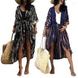 Mulheres Swimwear Mulheres Maiô Cover Up Tie-Dye Listrado Frente Aberta Com Cinto Praia Kimono Cardigan