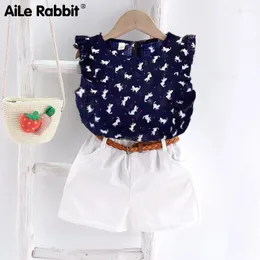 مجموعات الملابس Aile Rabbit 2024 Summer Girls Girls Suits Suits Fashion Floral Chiffon Top White Shorts 2 قطعة مجموعة Polka Dot Girl's Suit
