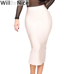 Юбка WillBeNice телесного цвета, новинка 2019 года, с высокой талией и открытой вилкой, сексуальная юбка-карандаш миди, повязка-карандаш, синяя, красная, белая, повязка-карандаш, женские юбки