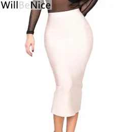 Skirt WillBeNice Nude 2019 New High Waist Back Open Fork Sexy Midi Pencil Bandage Skirt Blue Red White Pencil Bandage Skirts Women