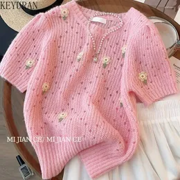 Kadın Sweaters 2024 Yaz Pembe Çiçek İçi Boş Kazak Örme Külot Tatlı Kore Moda Kısa Kollu Örgü Üstleri Jumpers