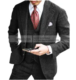 Suits Brown 2022 Mens Tweed Herringbone Wedding Suit Prom Tuxedos 3 Piece Peak Lapel Tweed for autumn Slim Fit (Blazer+vest+Pants)
