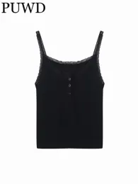 Camis PUWD Women Cotton Black Camis 2023 Summer Fashion Ladies Chic Retro V Neck Front Buttons Sleeveless Top Female Solid Color Camis